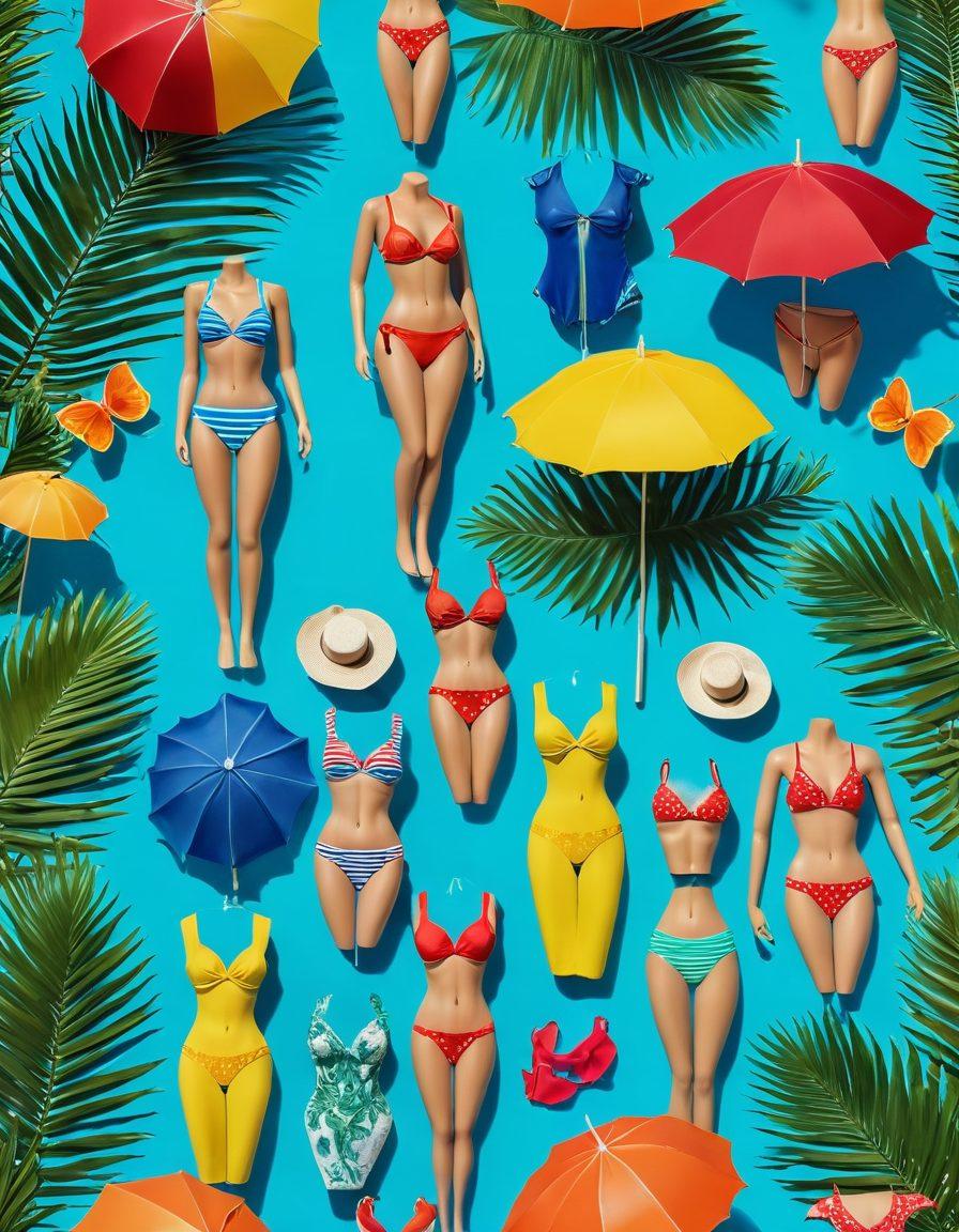 A sunny beach scene featuring stylish beachwear and bikinis displayed on mannequins, surrounded by tropical plants and shimmering ocean waves in the background. Include vibrant beach umbrellas, sandcastles, and playful beachgoers enjoying the sun. Capture the essence of summer fun with bright colors and a lively atmosphere. super-realistic. vibrant colors. 3D.